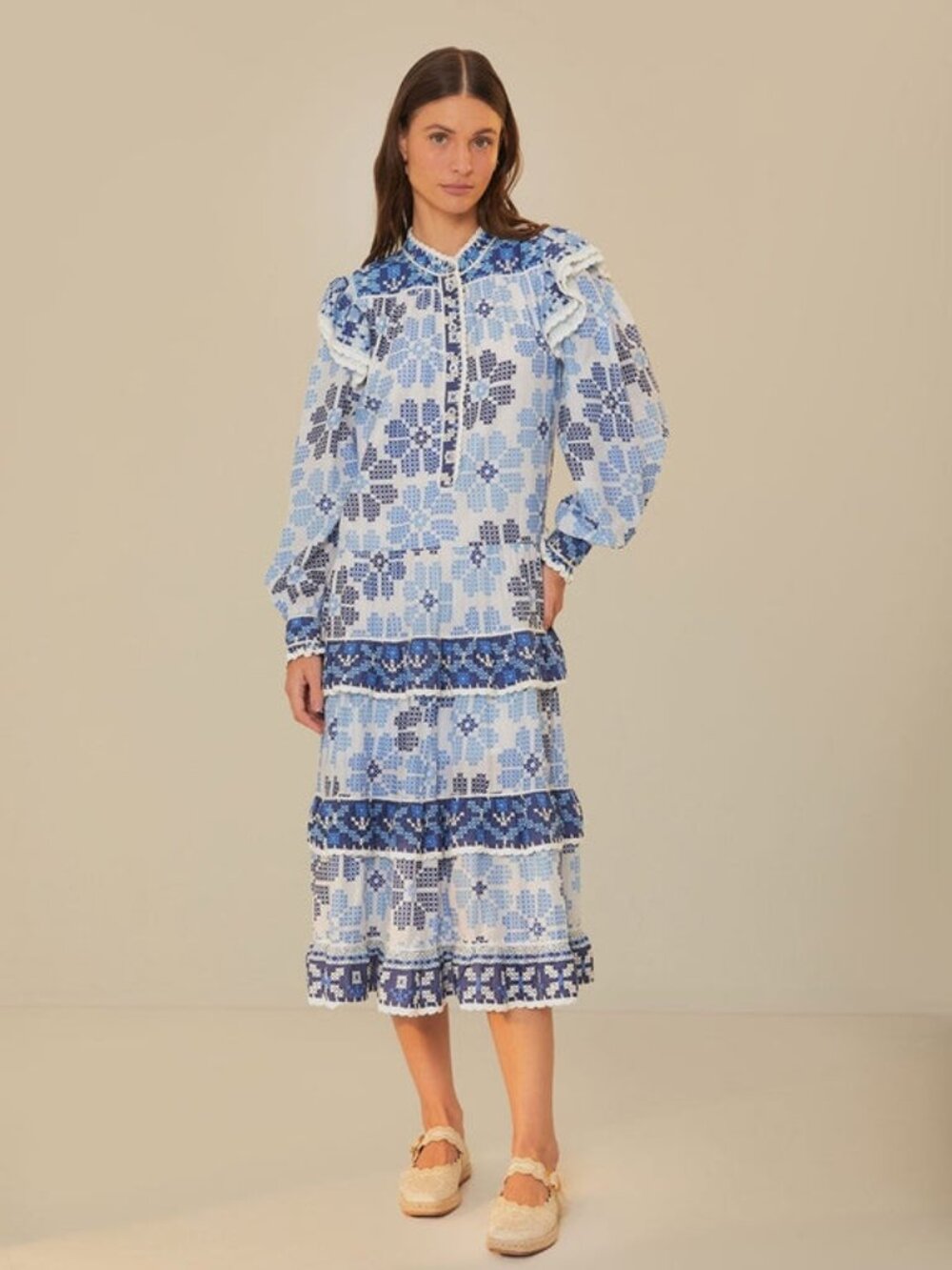 Farm Rio Off-White Stitched Flowers and Girls Midi Dress Women's Size M Blue